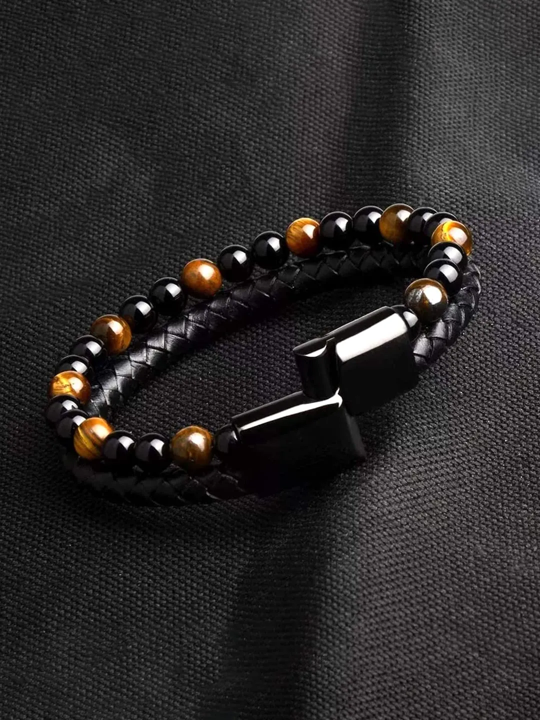 Yellow Chimes Bracelet For Men Black and Orange Beaded Stretchable Bracelet For Men and Boys