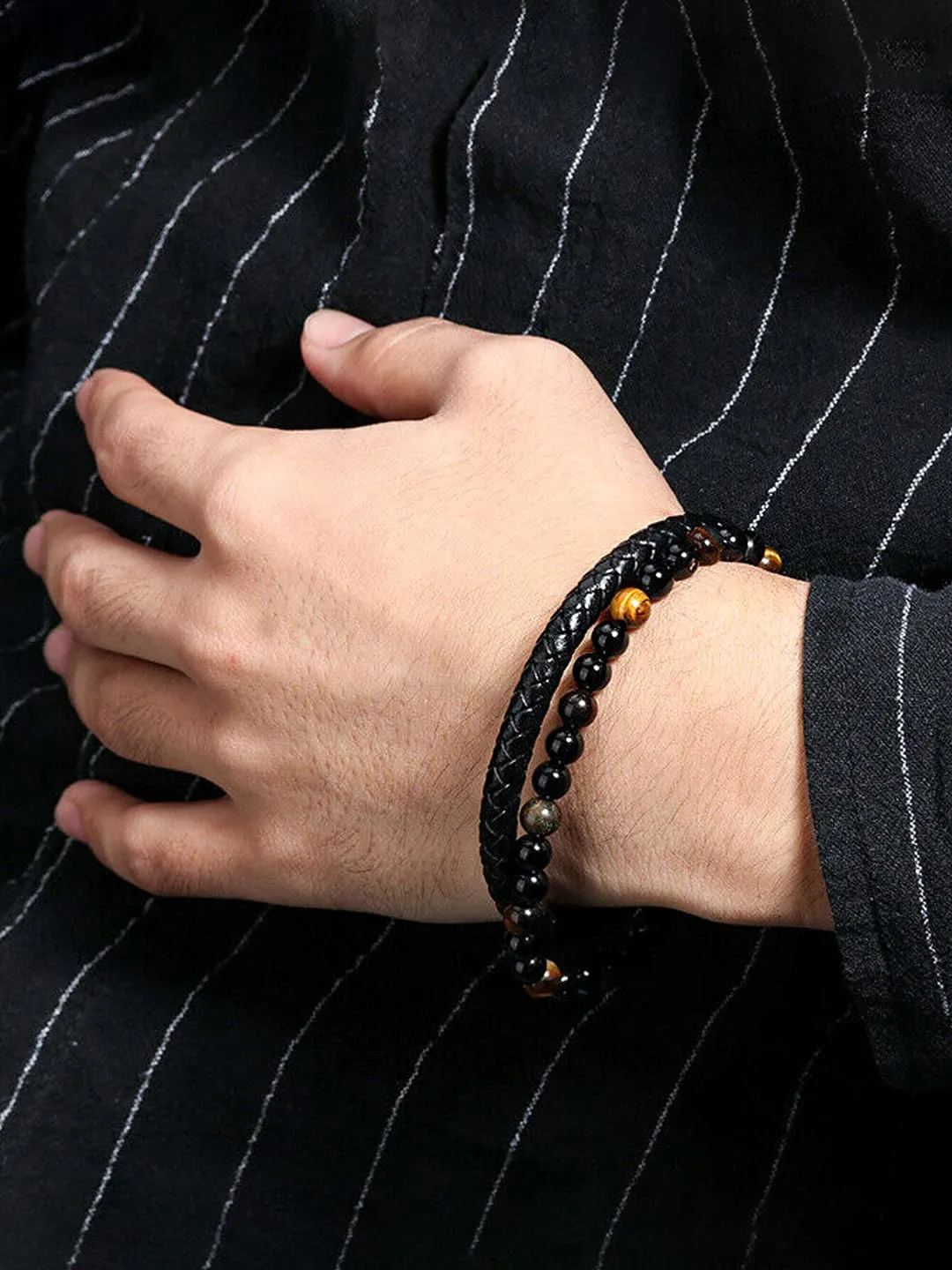 Yellow Chimes Bracelet For Men Black and Orange Beaded Stretchable Bracelet For Men and Boys