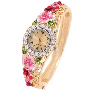 Yellow Chimes Watch Bracelet for Women Floral Design Multicolor Crystal Gold Plated Watch Kada Bracelet for Women and Girls.