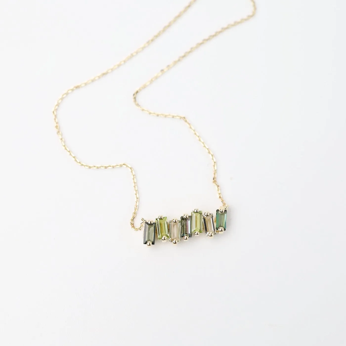 Yellow Gold Mixed Green Baguette Bar Necklace