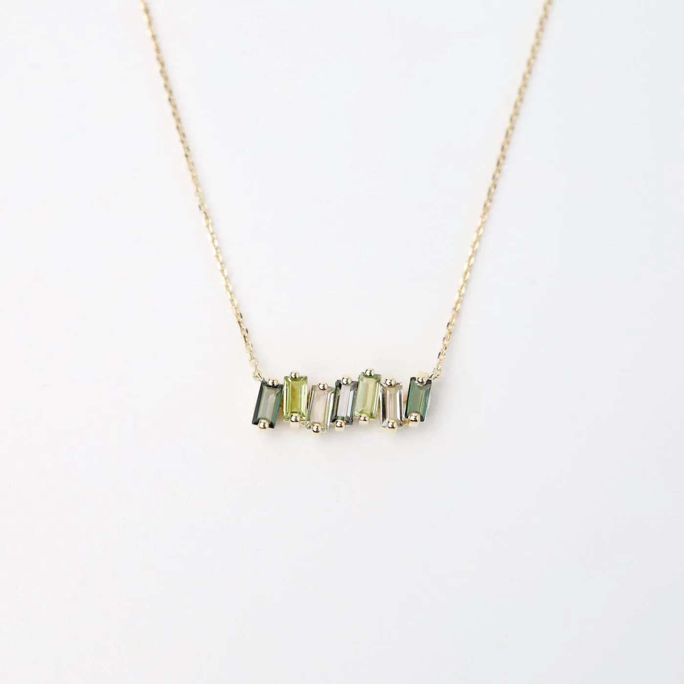 Yellow Gold Mixed Green Baguette Bar Necklace