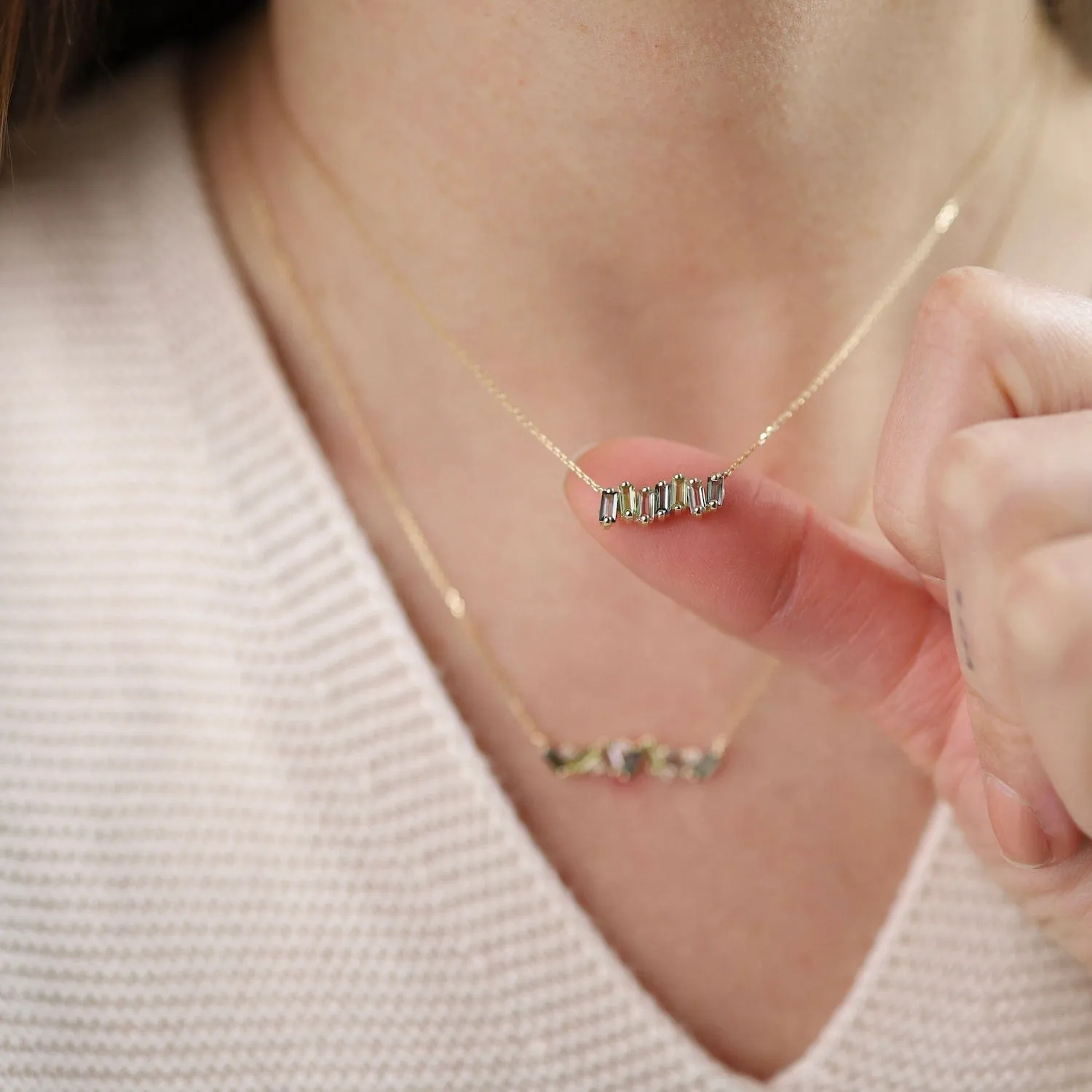 Yellow Gold Mixed Green Baguette Bar Necklace