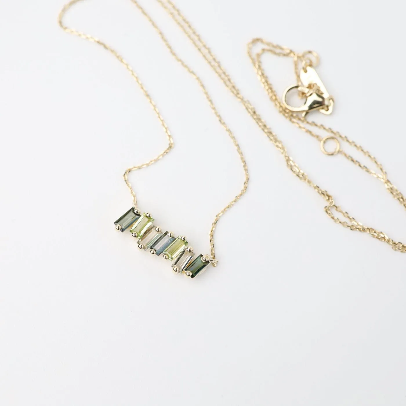 Yellow Gold Mixed Green Baguette Bar Necklace