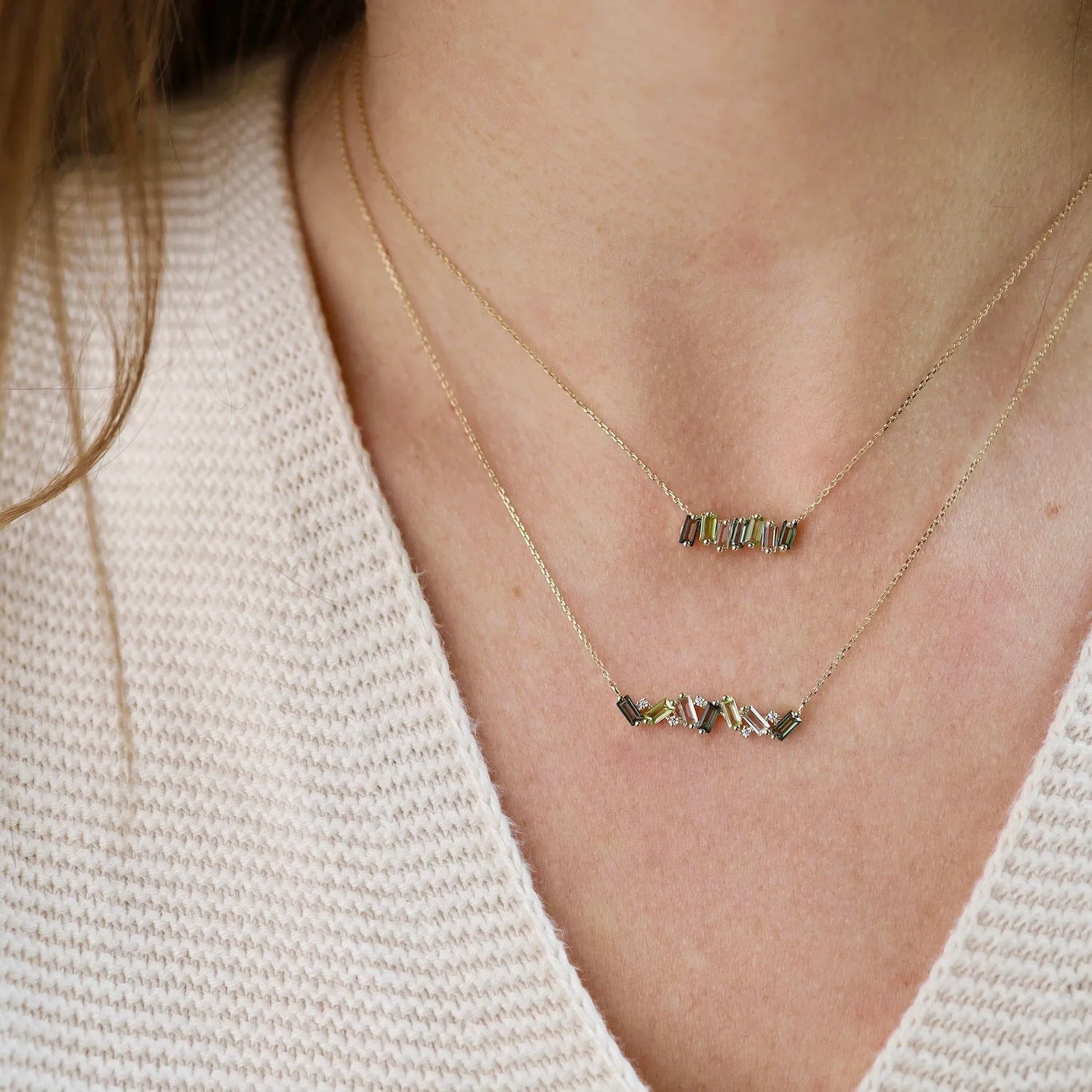 Yellow Gold Mixed Green Baguette Bar Necklace