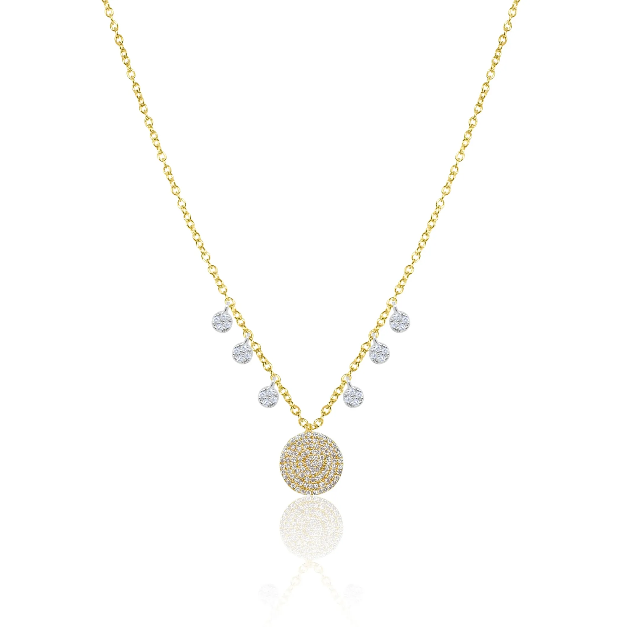 Yellow Gold Pave Diamond Disc Necklace with Charms